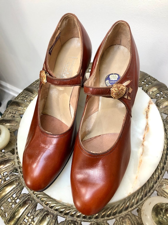Vtg 1930's Deadstock FLAPPER MARY-JANE Kid Leather Shoes W/deco