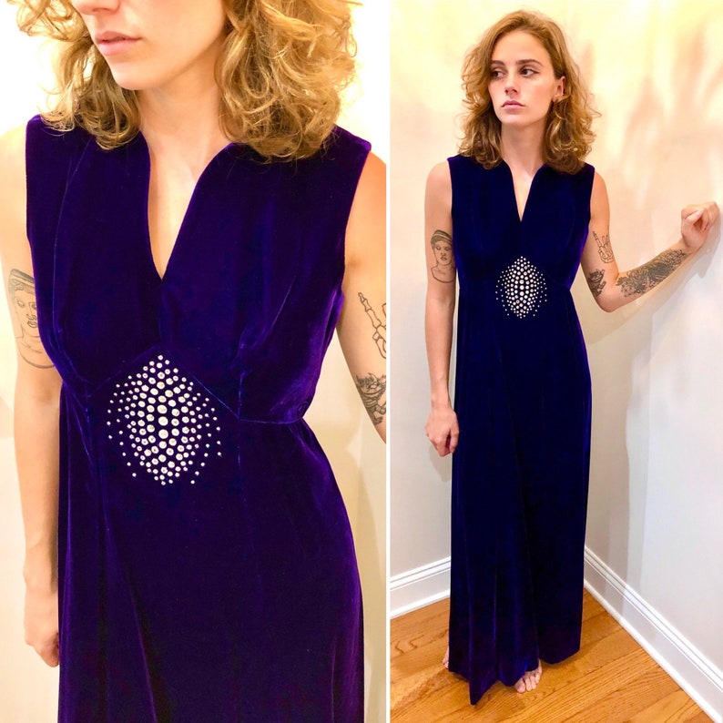 VTG 1960s Deep PURPLE Rhinestone Studded Rayon VELVET Gown image 1