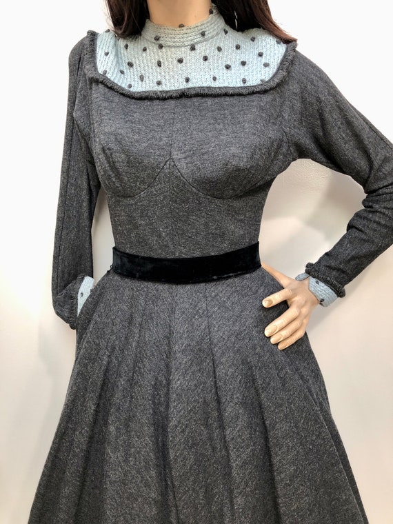 Vtg 1940s CIRCLE SKIRT Wool Jersey Dress w/Knit P… - image 7