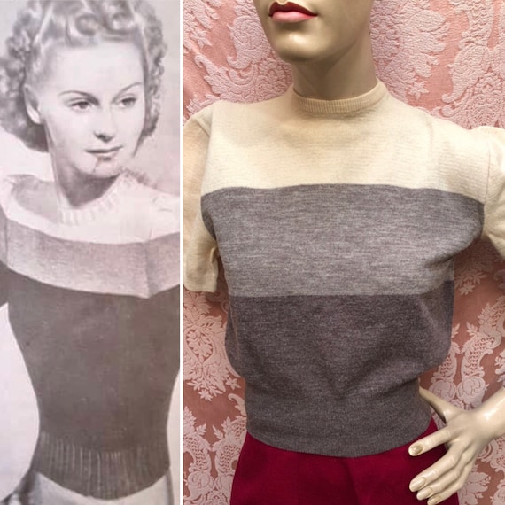 Vtg 1940’s Color-Block Wool KNIT Sweater & Match M
