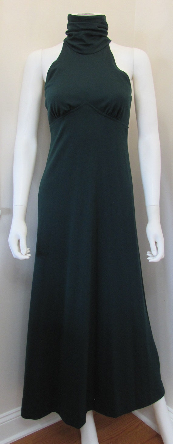 Vtg 70s Hunter Green Crepe HALTER MAXI Dress & Cr… - image 5