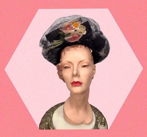 VTG 1940s New York Creation Tulle HALO Hat w/Pink ROSES