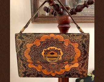 VTG 1940s MOROCCAN Gold Stencil CALF Leather Envelope Clutch