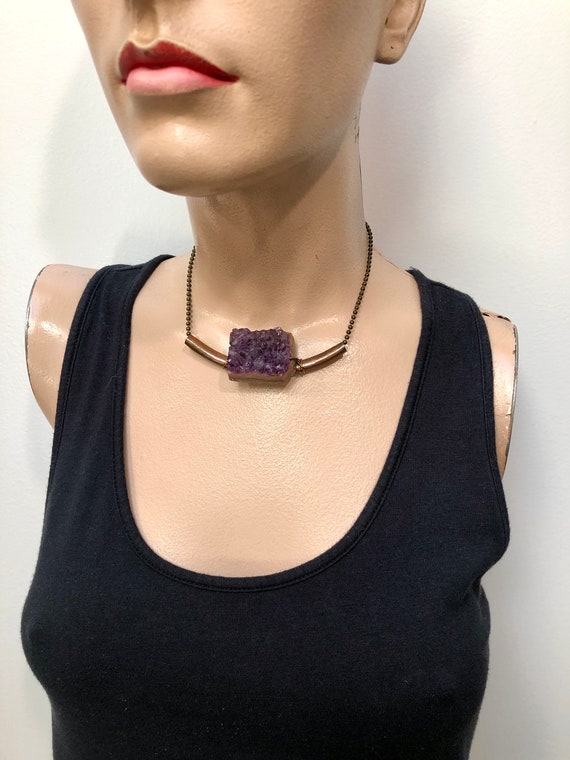 Vtg AMETHYST GEODE & Hammered Copper ARTISAN Chok… - image 3