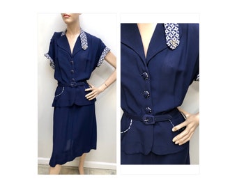 Vtg 1940s Navy-Wht RAYON Knit PEPLUM Swing Dress Sz-M