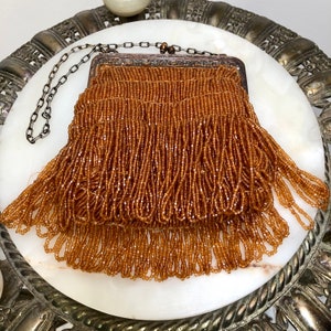 Vtg 1920s GOLD Glass Seed Bead Swag FRINGE FLAPPER Purse