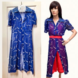 VTG 1940s Red*White*Blue SHEER CHIFFON Novelty Print Swing Dress