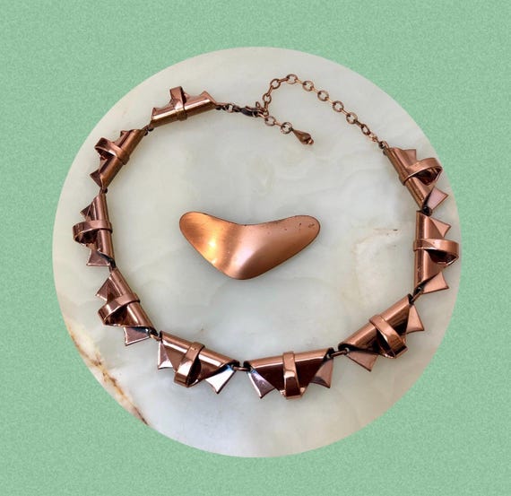 VTG 1950s RENOIR Copper Modernist Necklace & BOOMERANG Pin