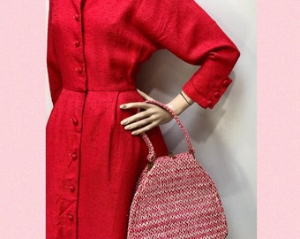 VTG 1950s Stylecraft Miami RED Pink RAFFIA Straw Handbag