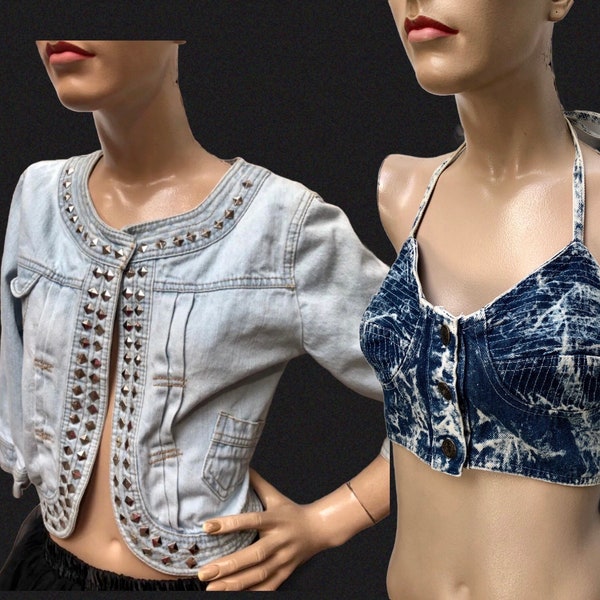 Vtg 80s ACID WASH BUSTIER Halter & Y2K Studded Jacket