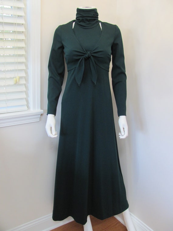 Vtg 70s Hunter Green Crepe HALTER MAXI Dress & Cr… - image 7