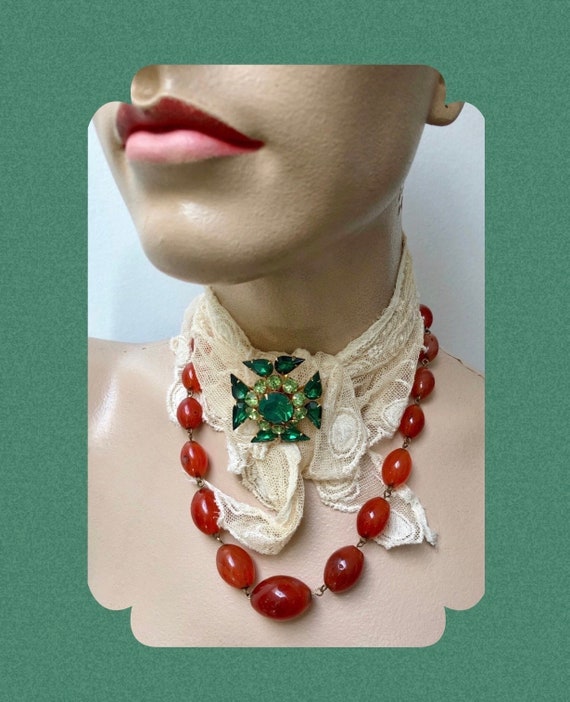 Vtg 1960s Judy Lee Brooch & Carnelian Glass Beads