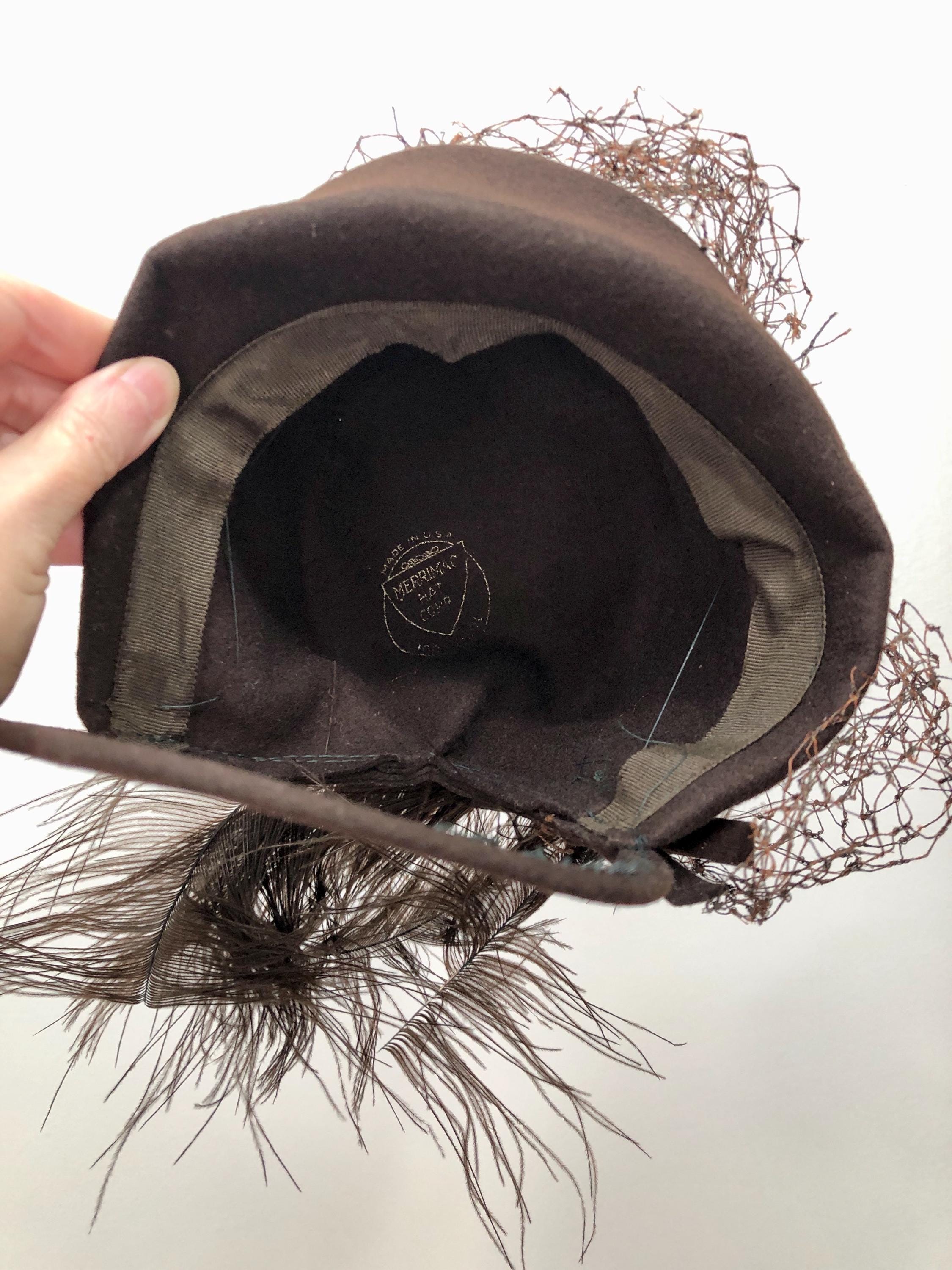 Vintage Brown wool w/ wire feather Merrimac hat Excellent condition!!! 1940s Brown Felt Wool Fascinator Hat // Merrimac Merrisene  main image 3