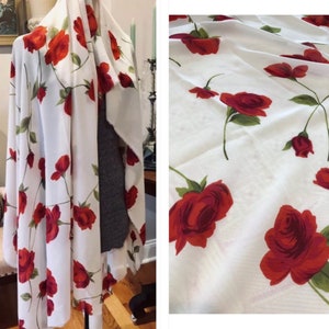 Vtg 1950s Deadstock Chiffon Fabric RED American Beauty ROSES