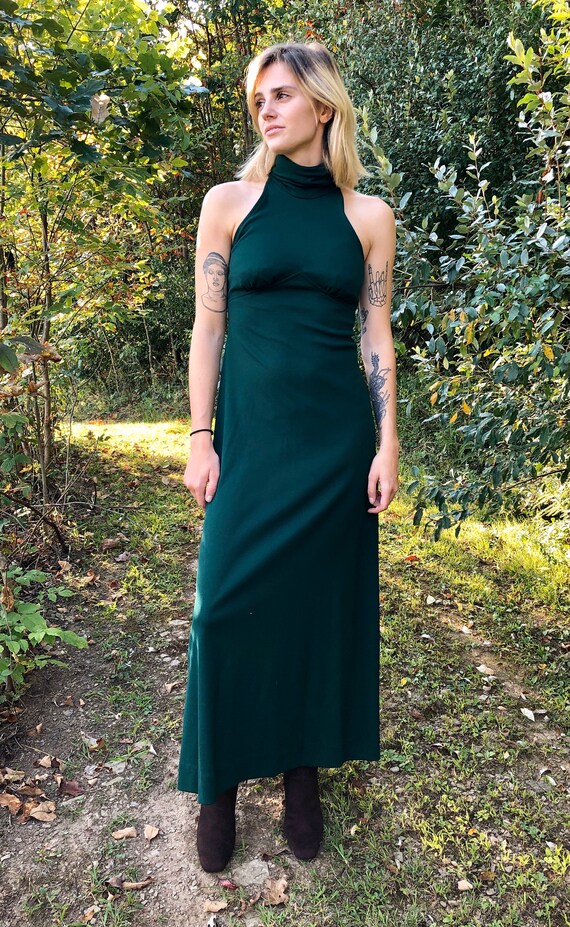 Vtg 70s Hunter Green Crepe HALTER MAXI Dress & Cr… - image 2