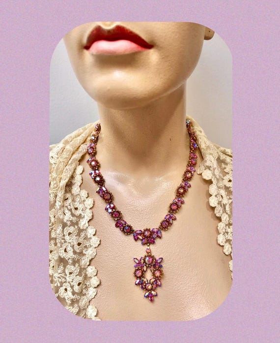 1950s SCHOFFEL & Co Austria Pink AURORA BOREALIS Pendant Necklace