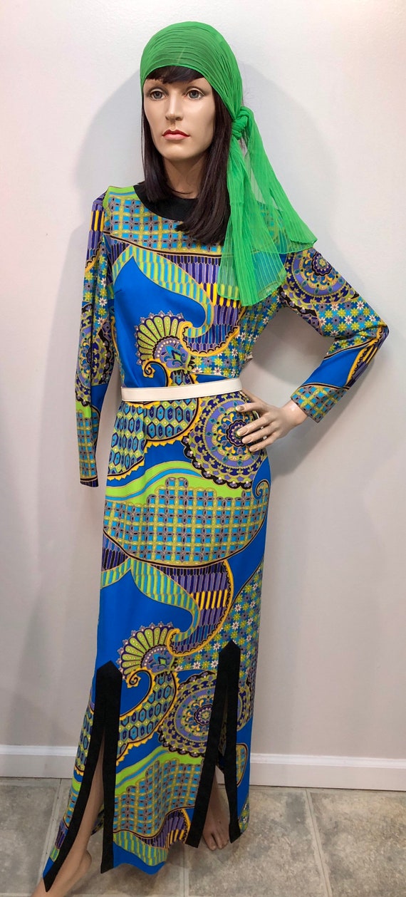 Vtg 1960s Psychedelic Geo-Paisley Print Maxi Dress - image 2