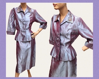 VTG 1950s R&K Original BEADED Lilac Iridescent PEPLUM Suit