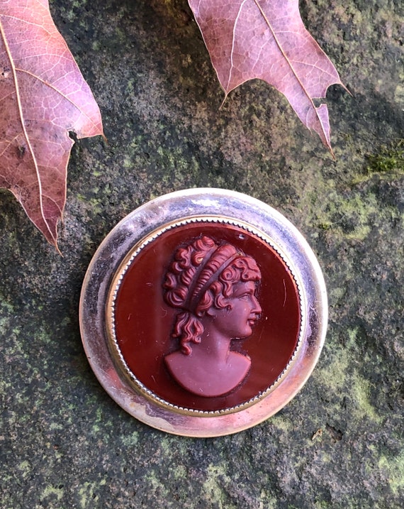 Vtg 1930s CARNELIAN Glass CAMEO Brooch & SERPENT … - image 2