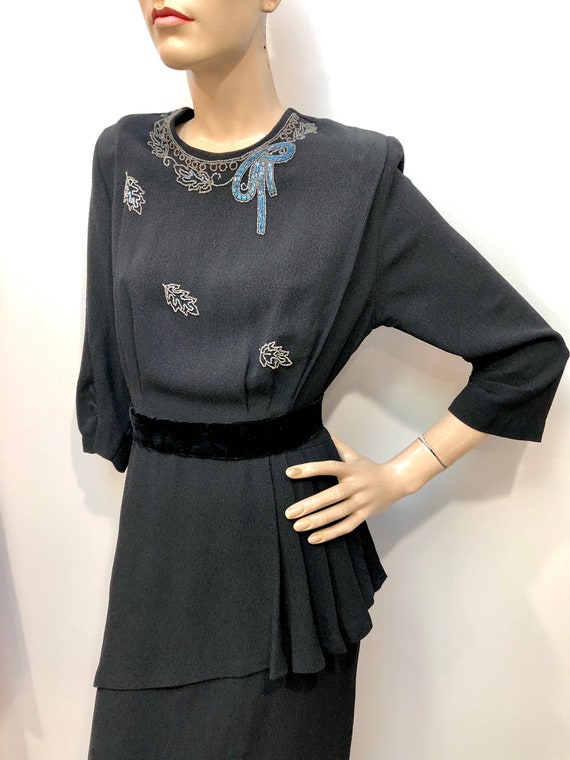 Vintage 40s Beaded Peplum Dress Black Rayon Crepe S