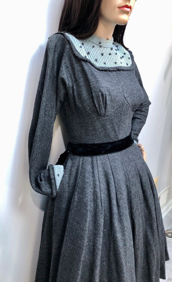 Vtg 1940s CIRCLE SKIRT Wool Jersey Dress w/Knit P… - image 6