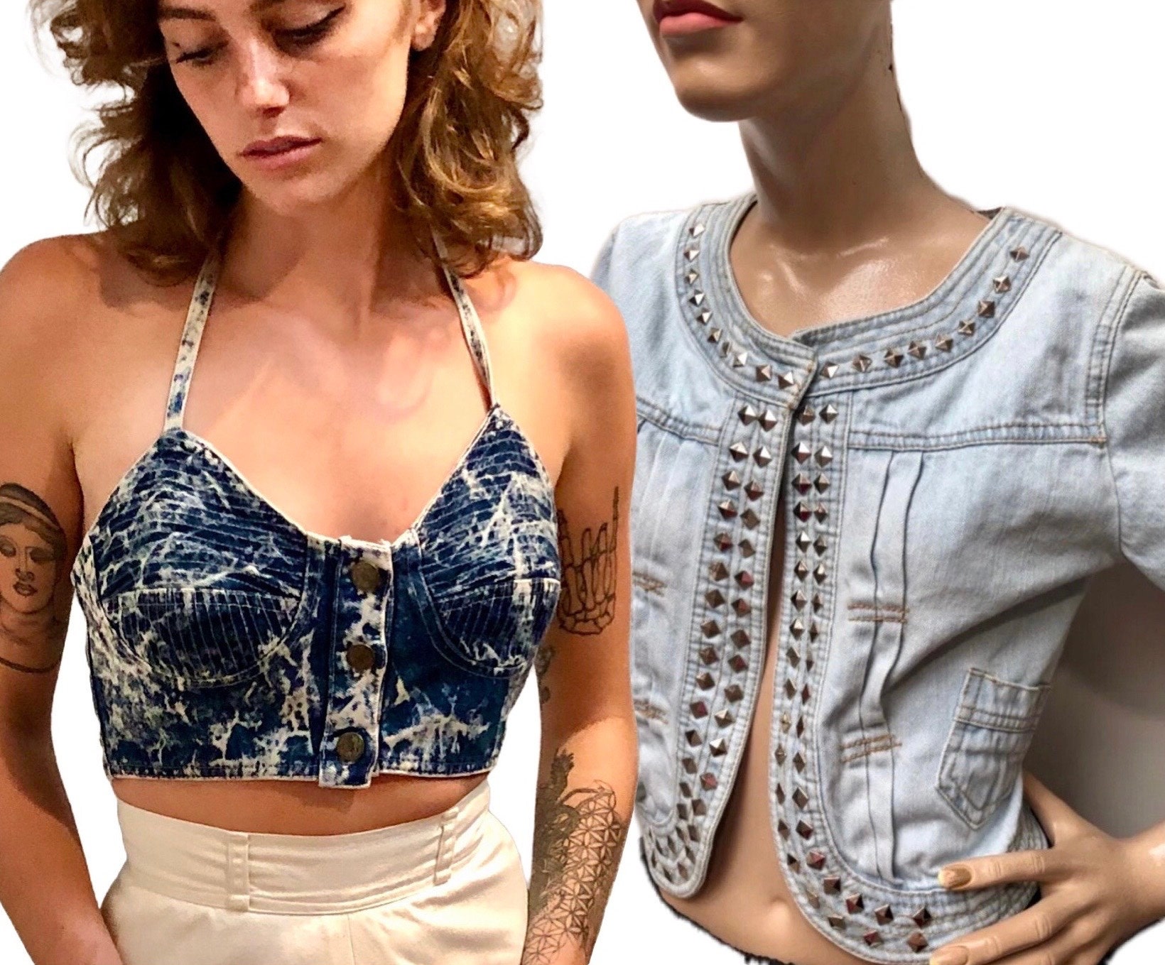 Vtg 80s ACID WASH BUSTIER Halter & Y2K Studded Jacket