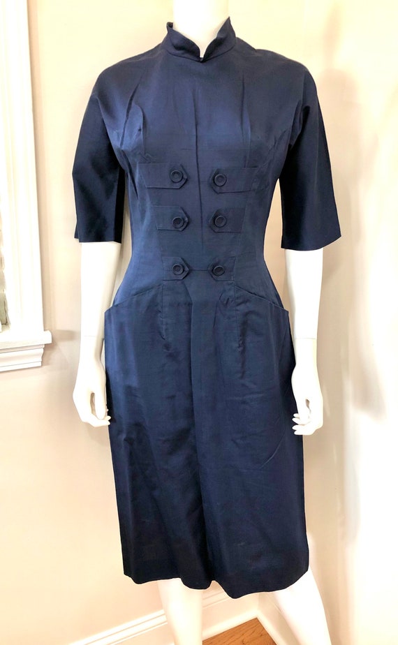 VTG 1950s Sizzln’ Secretary Navy Rayon Hour-Glass… - image 6