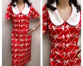Vtg 1970s Emilio Borghese Red-White MOD Poly Dress Sz-M