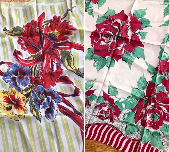 Lot-2 Vtg 1940s RAYON Scarves *PANSIES-ORCHIDS-Ro… - image 1