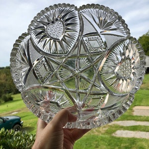Victorian EAPG Press Cut CRYSTAL Fruit Bowl w/HEARTS