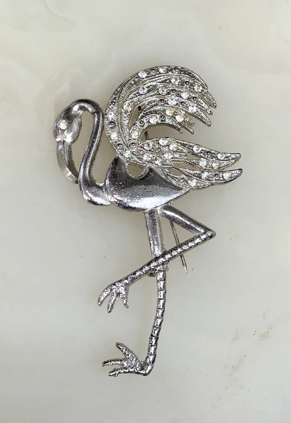 VTG 1940s Deco FLAMINGO Rhinestone Lapel Brooch