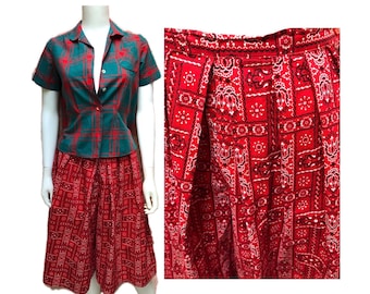 Vtg 1950s "Paddle & Saddle" Bandana Print Split Skirt-Plaid Blouse