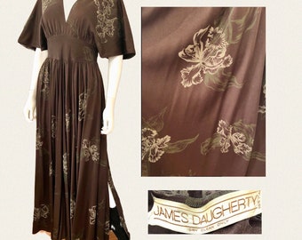 Vtg 1970s James Daugherty Wrap MAXI-DRESS w/IRIS Flowers