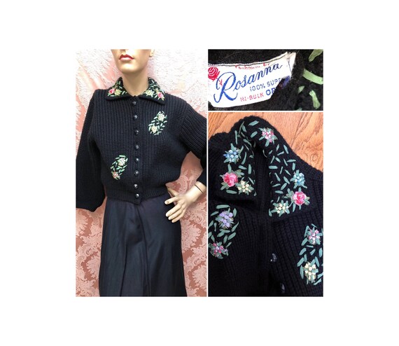 Vtg 1950s Cardigan Sweater RIBBONS & Appliqué