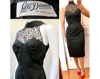 VTG 1950s LILLI DIAMOND Illusion Lace Bombshell Dress