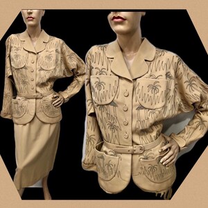 May include: A beige jacket and skirt suit with a palm tree print. The jacket has a button closure, a belt, and two large pockets. The skirt is knee-length.