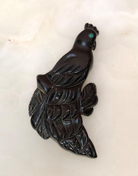 Vtg 1930s Black BAKELITE Deco carved PEACOCK Broo… - image 3