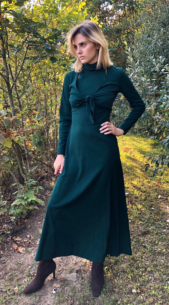 Vtg 70s Hunter Green Crepe HALTER MAXI Dress & Cr… - image 3