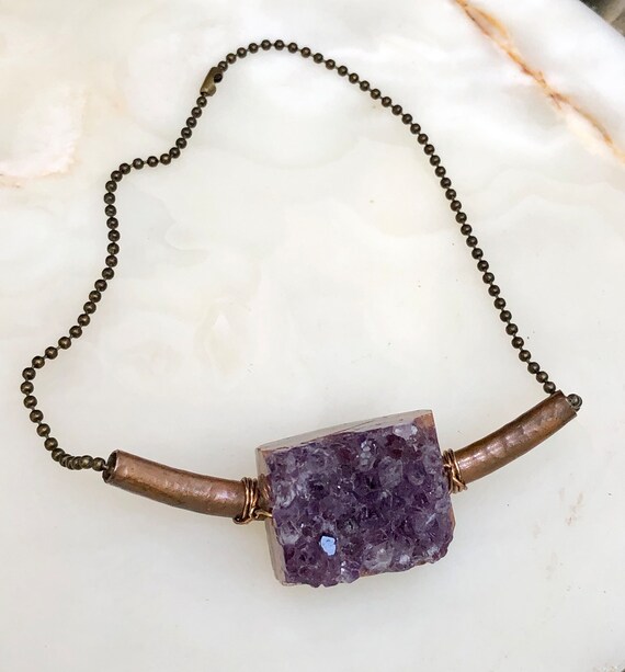 Vtg AMETHYST GEODE & Hammered Copper ARTISAN Chok… - image 5