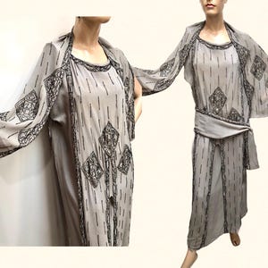 Antique 1920s SILK CHIFFON Beaded 3Pc Flapper Dress w/Tabard