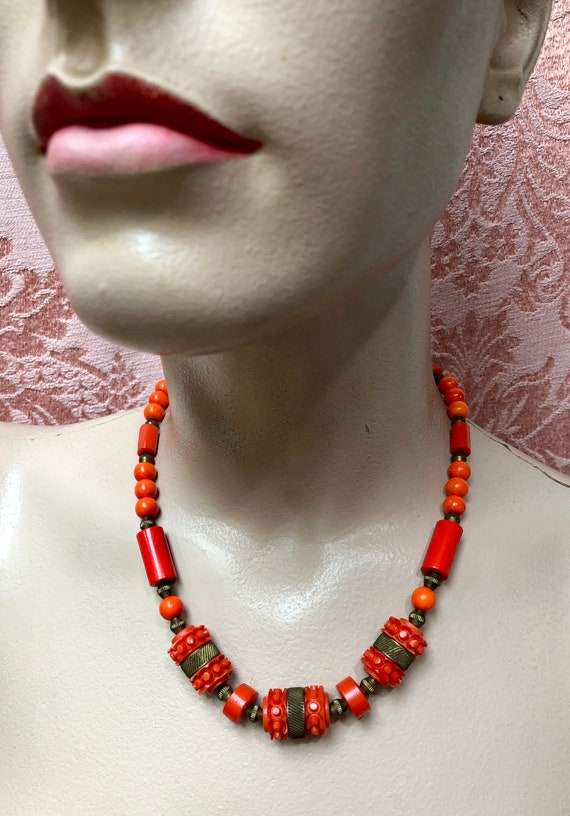 Vtg 1930s Deco Orange BAKELITE & over-dyed Bead N… - image 5