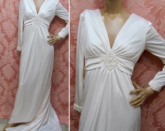Vtg 1970s DISCO-BRIDE White  BEADED Plunge Neckline Wedding Gown