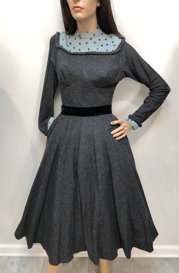 Vtg 1940s CIRCLE SKIRT Wool Jersey Dress w/Knit P… - image 2