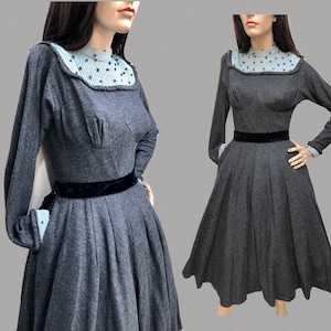 Vtg 1940s CIRCLE SKIRT Wool Jersey Dress w/Knit POM Poms