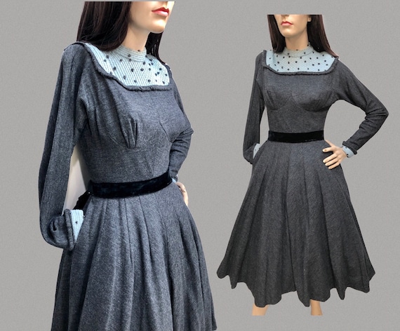 Vtg 1940s CIRCLE SKIRT Wool Jersey Dress w/Knit P… - image 1