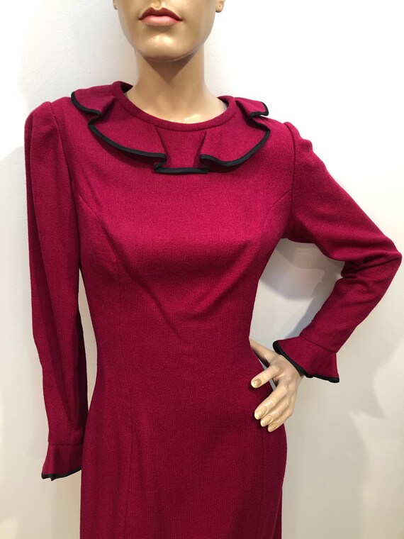 Vtg 1950s BERRY RED Wool Wiggle Dress w/Ruffled C… - image 6