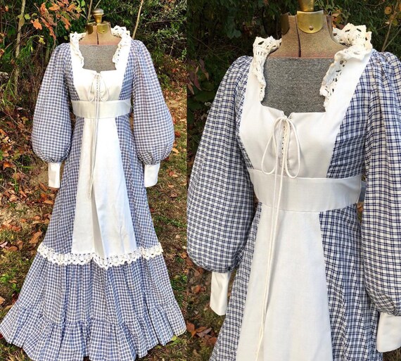 VTG 1970’s GUNNE SAX Gingham Lace-up Bodice Maxi-D