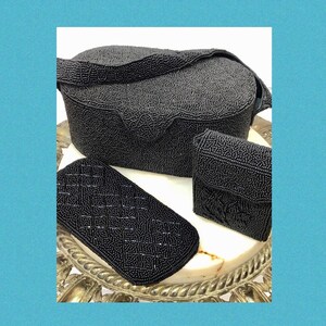 VTG 1950s JET GLASS Bead Box Purse & Purse Set