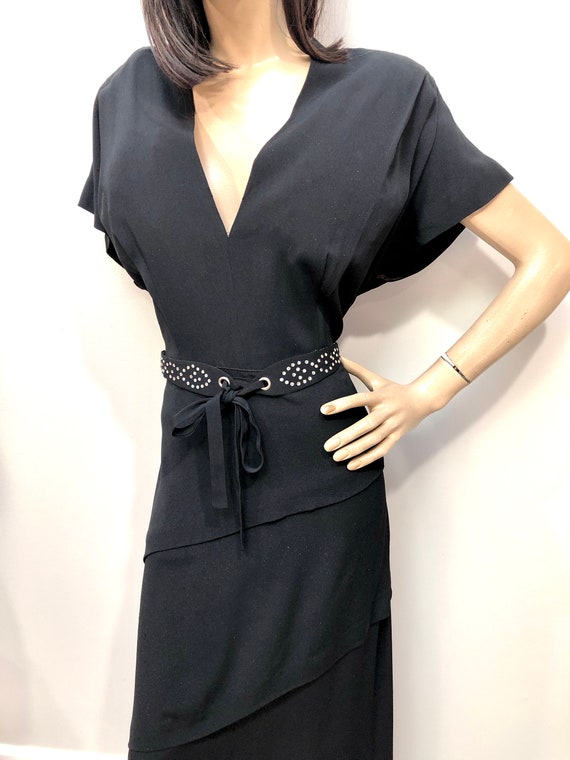 VTG 1940s Black Rayon Crepe GOWN w/Rhnstn STUDDED… - image 3