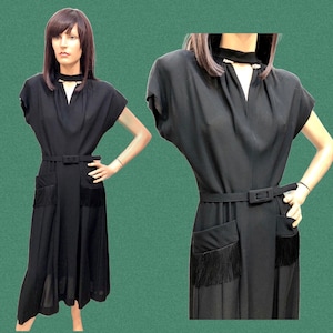 VTG 1940s Rayon Crepe COCKTAIL DRESS w/Fringed Pockets